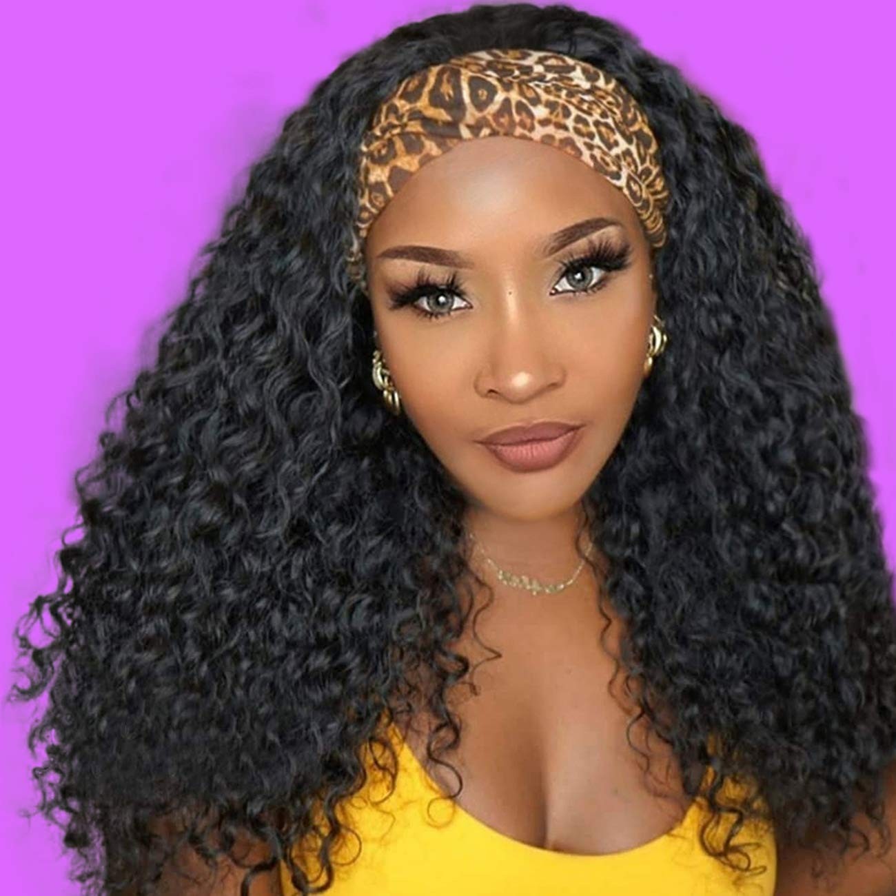 Persephone 180% Headband Wigs for Black Women Glueless Loose Curly Wig with 3 Free Headwraps Black Synthetic Wig with Headband 18 inches