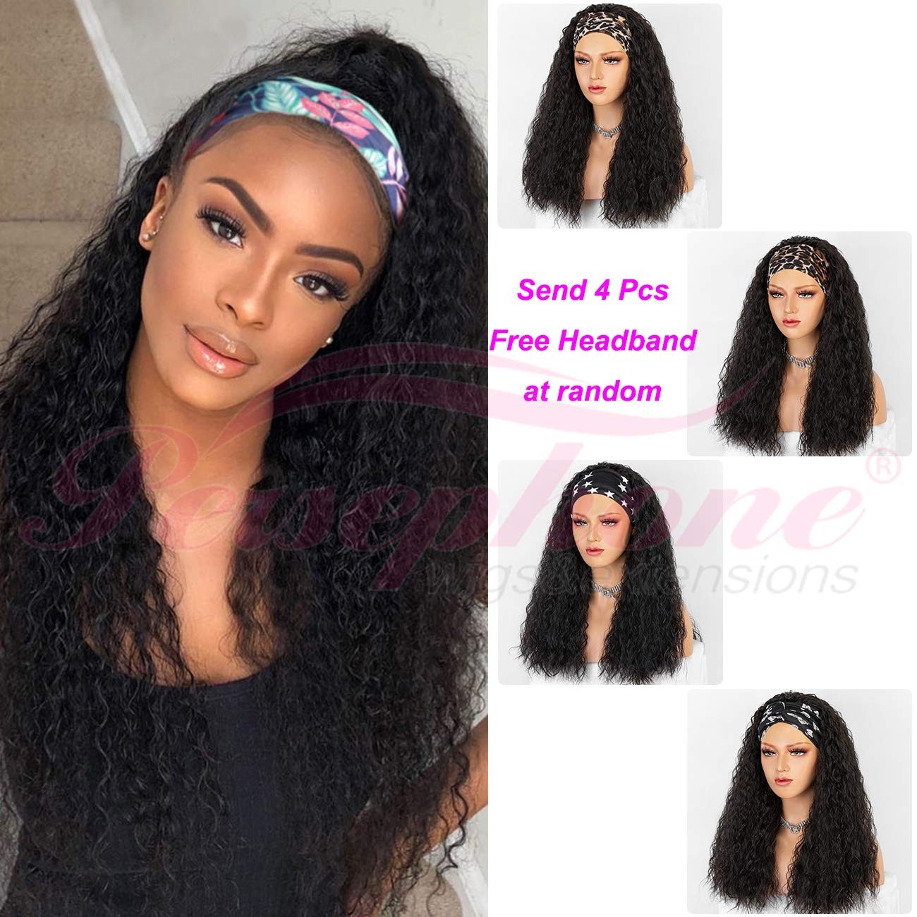 Persephone 180% Synthetic Headband Wigs for Black Women Glueless Loose Curly Wig with Headband Long Black Wigs with 4 Free Headwraps 22 inches