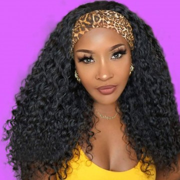 Persephone 180% Headband Wigs for Black Women Glueless Loose Curly Wig with 3 Free Headwraps Black Synthetic Wig with Headband 18 inches